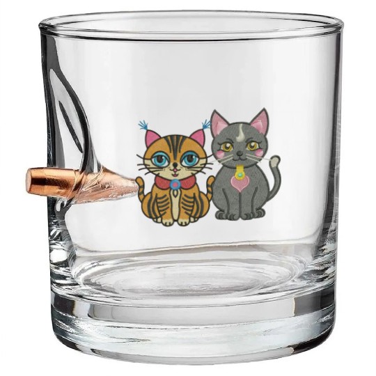Cute catty couple embroidery design. Bullet Whiskey Glasses