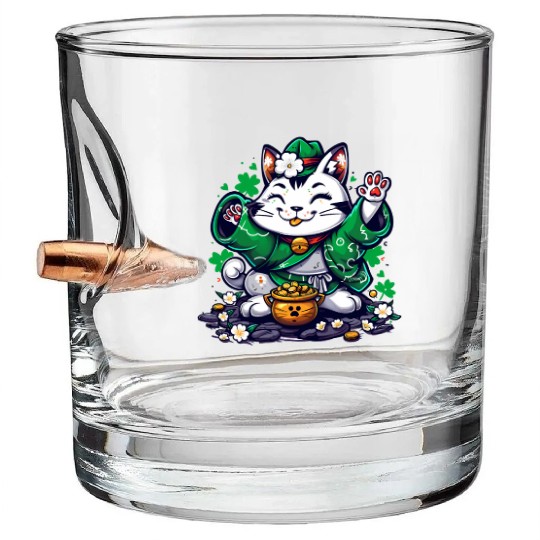Kawaii St Patricks Day Cat With a Pot Of Gold Bullet Whiskey Glasses