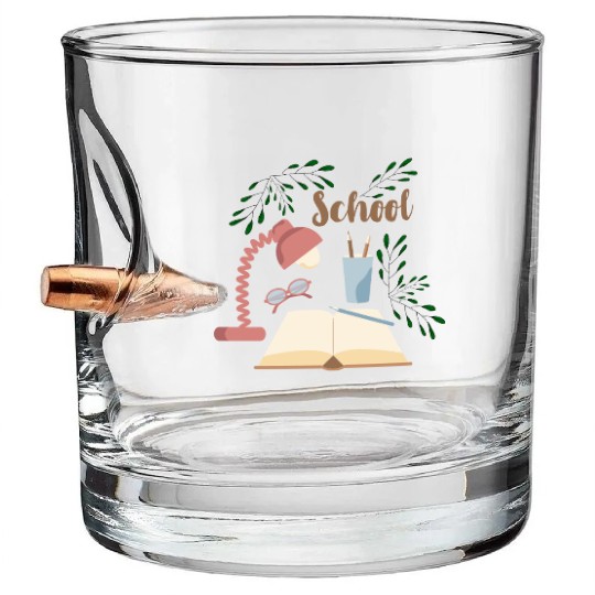 School print with plants open book and eyeglasses Bullet Whiskey Glasses