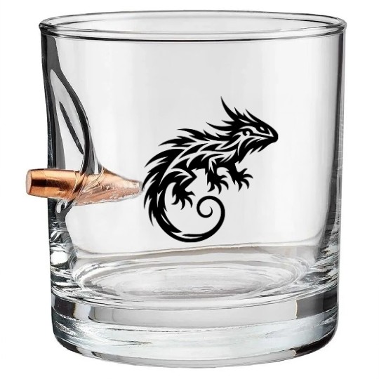 Shaggy Bearded Dragon Tribal Dragon Tattoo Bullet Whiskey Glasses