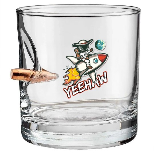 Space Cowboy Riding a Rocket with Yeehaw Slogan Bullet Whiskey Glasses