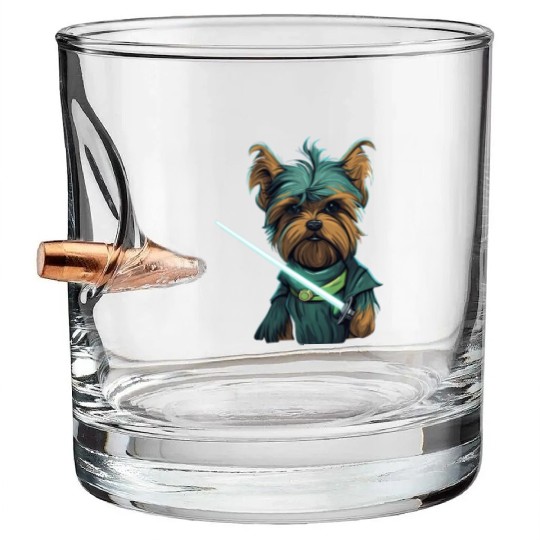 Yorkie with Lightsword Bullet Whiskey Glasses