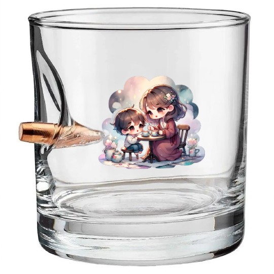 Mother and Son Enjoying a Cozy Tea Party Bullet Whiskey Glasses