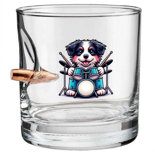 Cool Border Collie Drummer Puppy Design Bullet Whiskey Glasses