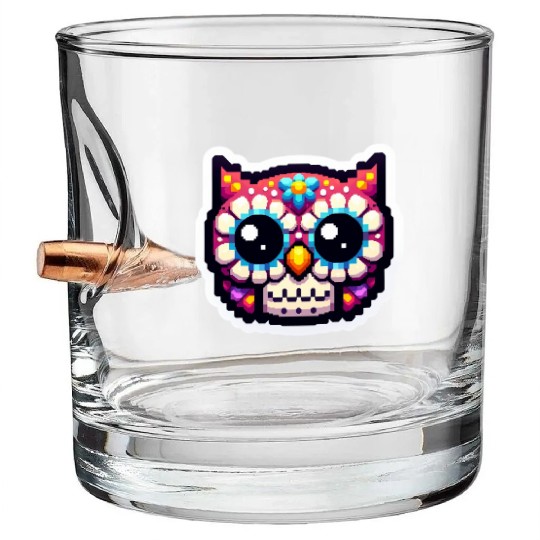 Cute Dead Sugar Owl , day of the dead owl Bullet Whiskey Glasses