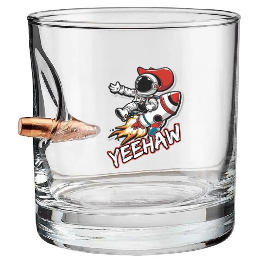 Space Cowboy Riding a Rocket with Yeehaw Slogan Bullet Whiskey Glasses