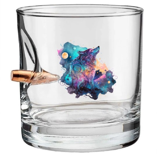 Wolf Print, Cosmic Wolves, Animal Print, Cosmos Bullet Whiskey Glasses