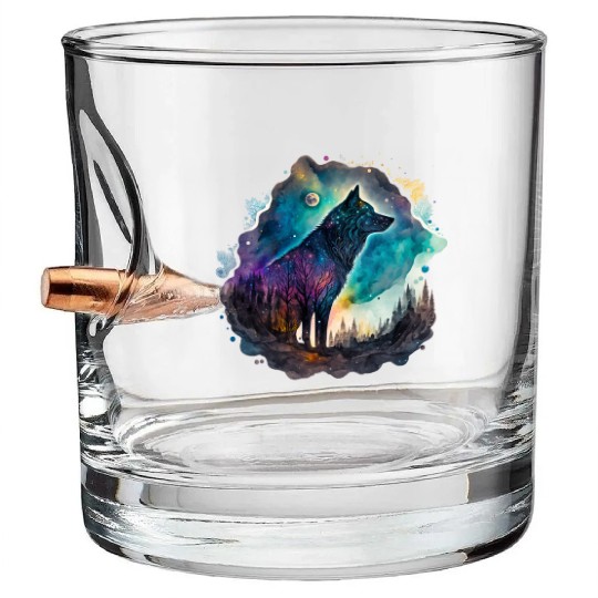 Wolf Print, Cosmic Wolves, Animal Print, Cosmos Bullet Whiskey Glasses
