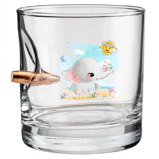 Elephant Walking At Beach With 2 Birds Friends Bullet Whiskey Glasses