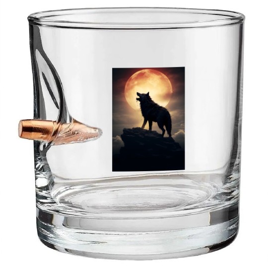 Digital art moon and wolf - Cool wolf leader Alfa Bullet Whiskey Glasses