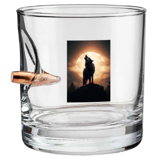 Digital art moon and wolf - Cool wolf leader Alpha Bullet Whiskey Glasses