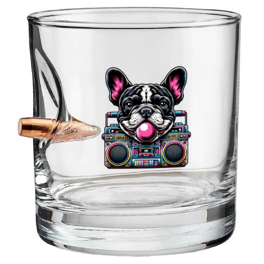 Frenchie Beats: French Bulldog with Music Boom Box Bullet Whiskey Glasses
