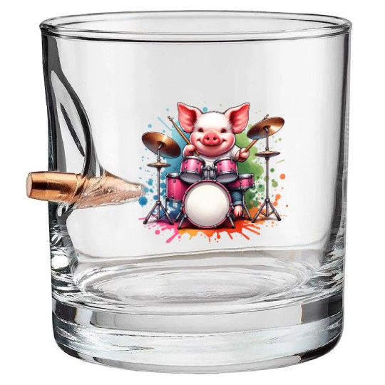 Watercolor Pig Drummer Farm Design Bullet Whiskey Glasses