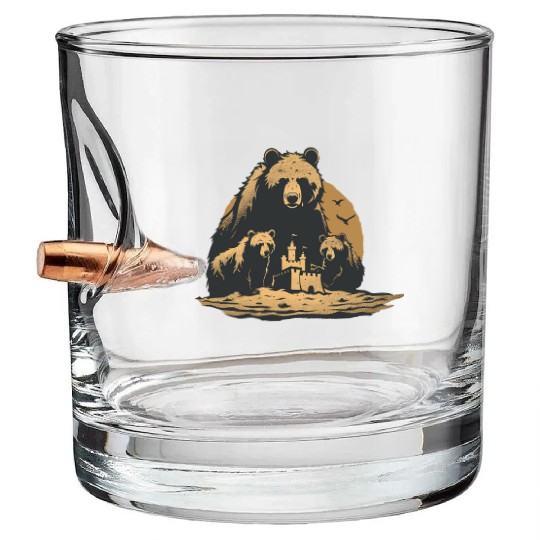 Momma Bear and Two Bear Cubs Building a Sand Castl Bullet Whiskey Glasses
