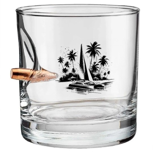 Catamaran Sailing Boat With Palm Trees Bullet Whiskey Glasses