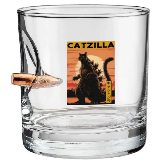 Catzilla Vintage Funny Cute Cat Art Japanese Sunse Bullet Whiskey Glasses