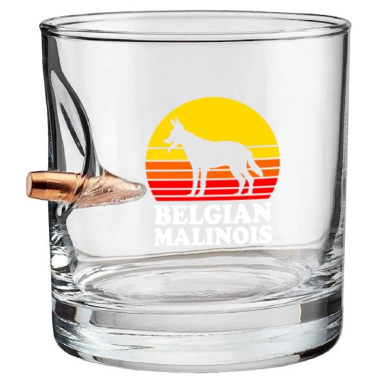 Retro Sunset Dog Silhouette Belgian Malinois Dog Bullet Whiskey Glasses