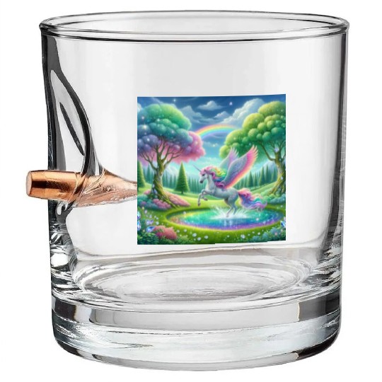 Enchanted Rainbow Unicorn Over Sparkling Pond Bullet Whiskey Glasses