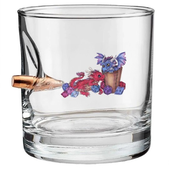 Cute dragon chibi with dice D20 pen and paper Bullet Whiskey Glasses