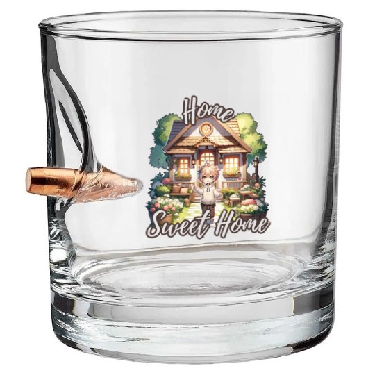 Home Sweet Home House Cabinand Person Waving 1 Bullet Whiskey Glasses