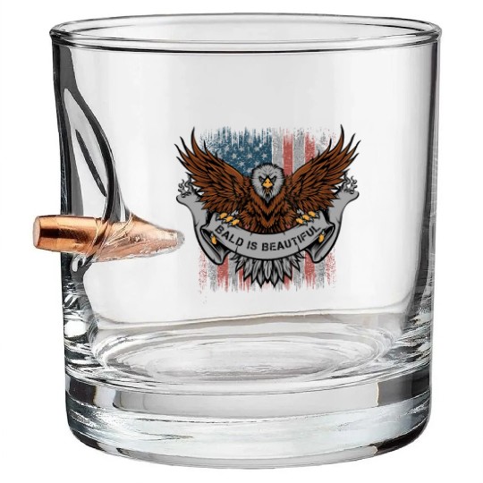 Bald Is Beautiful US Flag 4th Of July Funny Eagle Bullet Whiskey Glasses