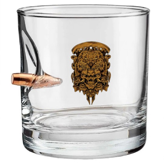 Golden Angry Tiger Tora Skull Tattoo Bullet Whiskey Glasses