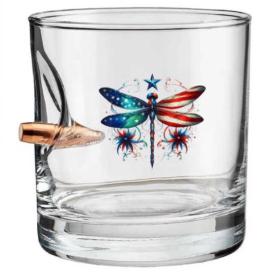 American Flag Dragonfly Patriotic 4th of July Bullet Whiskey Glasses