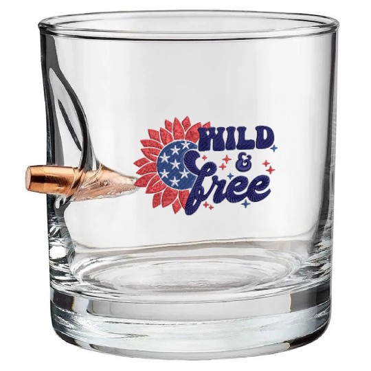 Wild Free Sunflower Amerian Flag Embrodery Effect Bullet Whiskey Glasses