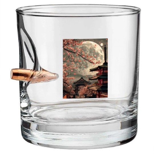 Full Moon in Tokyo Japan Sakura Bullet Whiskey Glasses