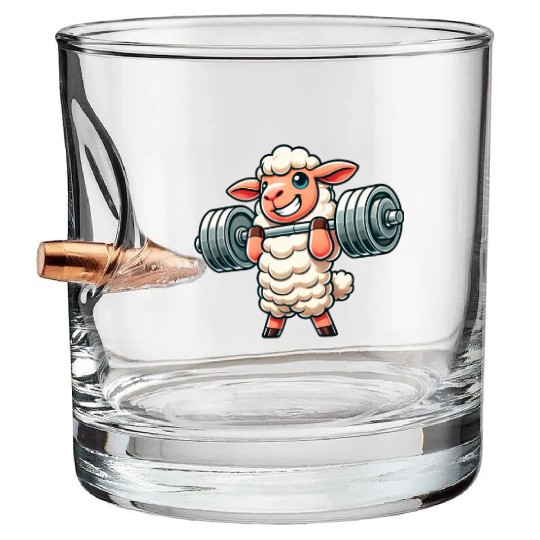 Cute sheep lamb weightlifter fitness workout Bullet Whiskey Glasses