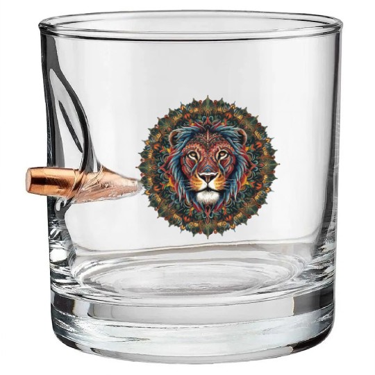 Vibrant Lion Mandala Inspired Artistic Symmetry Bullet Whiskey Glasses