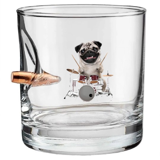 Pug Playing Drums Realistic Bullet Whiskey Glasses
