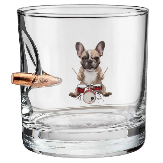 Frenchie Playing Drums Realistic Bullet Whiskey Glasses