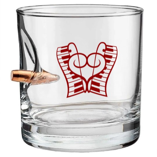 I Love Music 2 Clef Note Keyboard Piano Keys Heart Bullet Whiskey Glasses