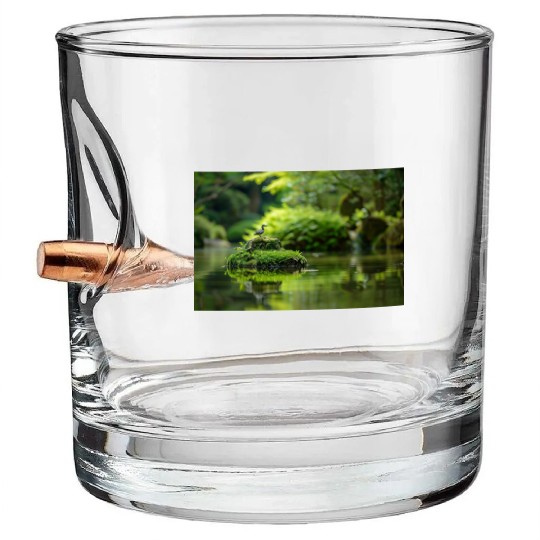 Serene Pond with Bird on Mossy Rock Bullet Whiskey Glasses