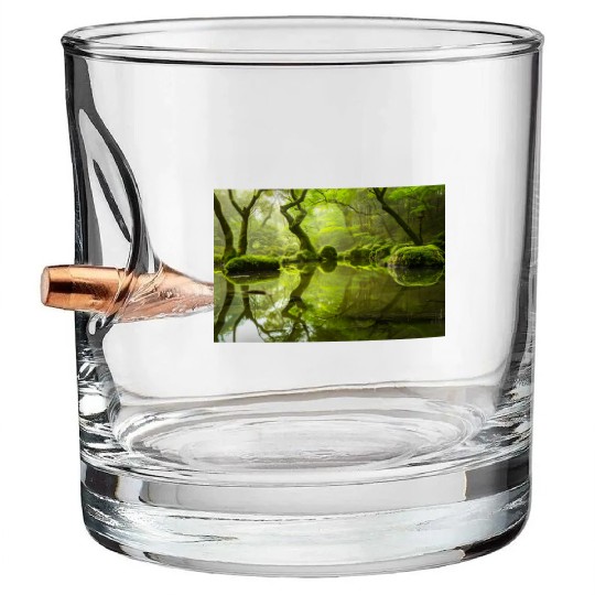Enchanted Forest Reflections in Tranquil Pond Bullet Whiskey Glasses
