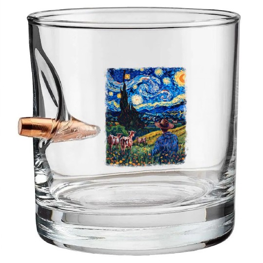 Cow Farmer Farming Farm Starry Night Painting Bullet Whiskey Glasses