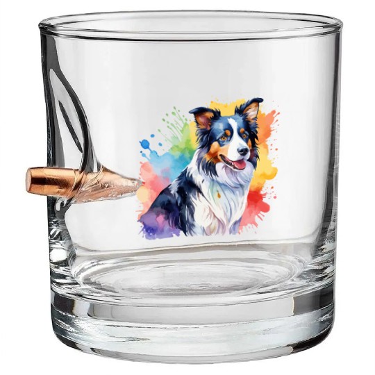 Border Collie Watercolor Bullet Whiskey Glasses
