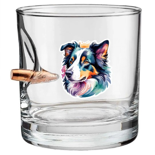 Border Collie Watercolor Bullet Whiskey Glasses