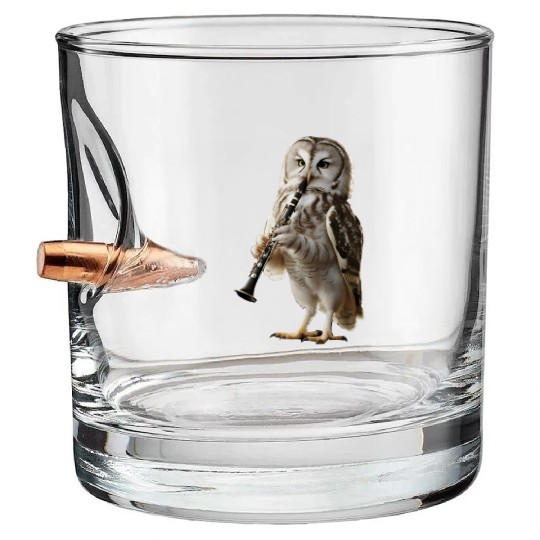 Owl Playing Clarinet Realistic Bullet Whiskey Glasses