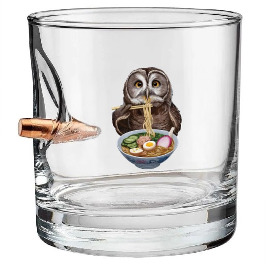 Owl Eating Ramen Realistic Bullet Whiskey Glasses