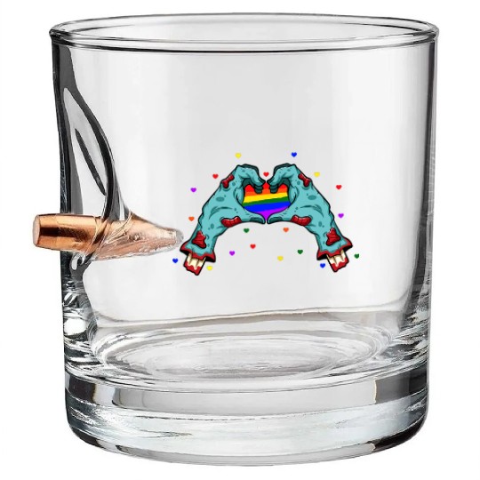 Halloween Hand Skeleton Heart LGBT Pride Rainbow Bullet Whiskey Glasses