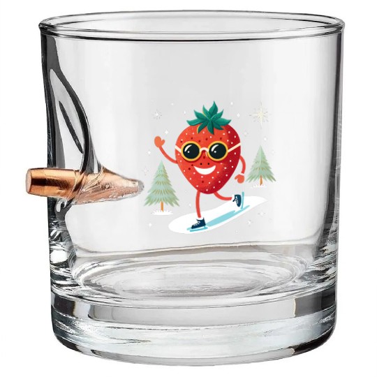 Strawberry with sunglasses skating on snow. Bullet Whiskey Glasses