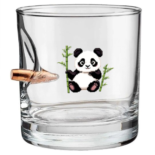 A pixel art of a panda with a bamboo leaf Bullet Whiskey Glasses