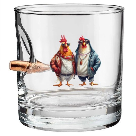 Streetwear-dressed chickens looking Bullet Whiskey Glasses