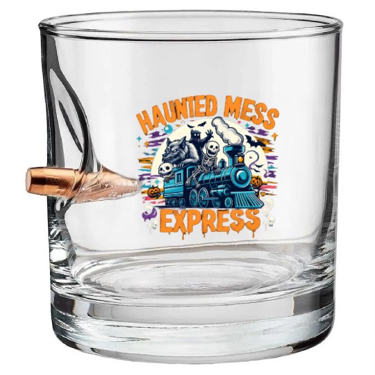 Haunted Mess Express Fun Spook Halloween Train Pun Bullet Whiskey Glasses
