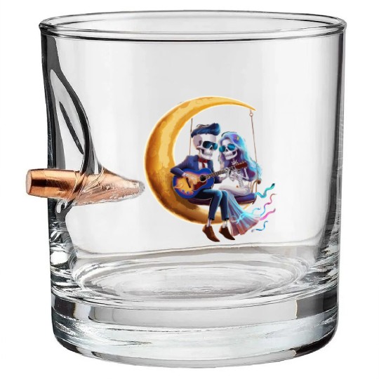 Skeleton Playing Guitar with Girlfriend on Moon Bullet Whiskey Glasses