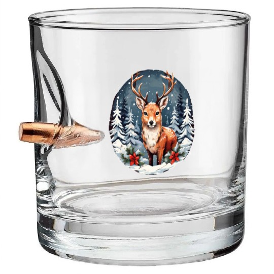 Christmas Deer with Poinsettia and Snow Bullet Whiskey Glasses