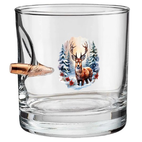 Christmas Deer with Poinsettia and Snow Bullet Whiskey Glasses