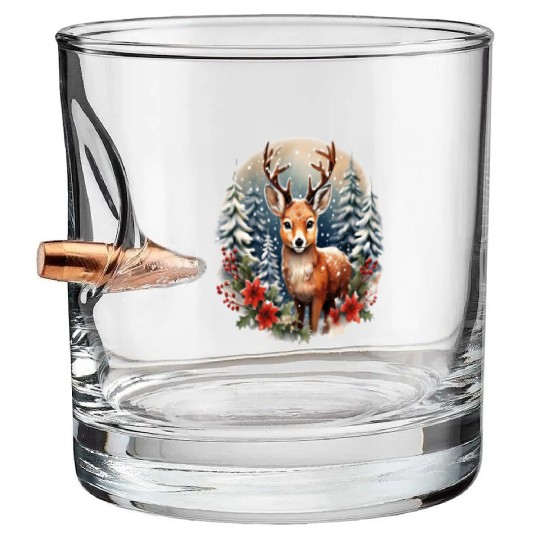 Christmas Deer with Poinsettia and Snow Bullet Whiskey Glasses